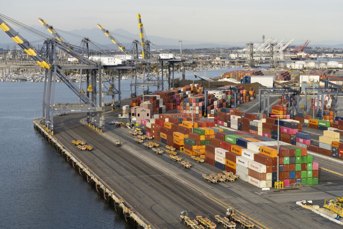 Port of la the yusen container terminal at the los angeles port on feb. 16 2023. the port the busiest in the u.s. last year has seen volumes plummet from pandemic era peaks bloomberg
